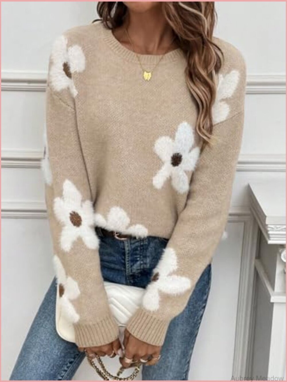 Women's Floral Crewneck Long Sleeve Drop Shoulder Pullover Sweater - Picture 2 of 7